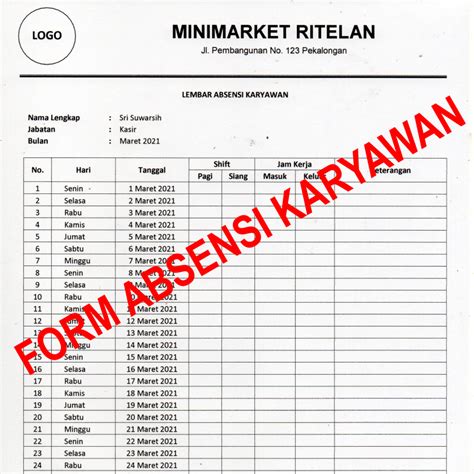 Contoh Form Absensi Karyawan Minimarket Manual Per Hari Per Karyawan
