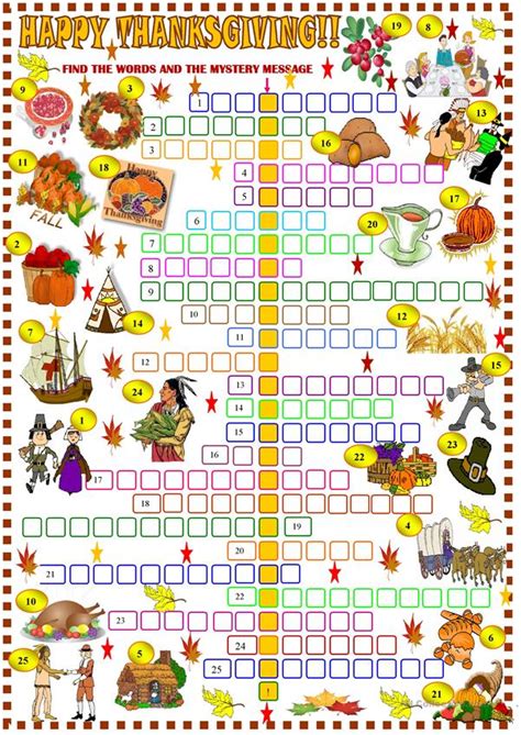 Thanksgiving Crossword Puzzle Worksheet Free Esl Printable