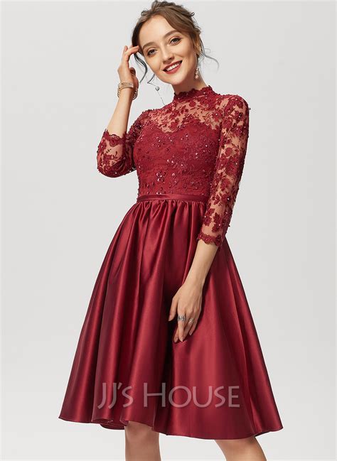 A Line High Neck Knee Length Satin Lace Cocktail Dress With Beading Sequins 016230208 Jjs House