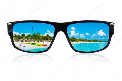 Sunglasses With Reflections Of A Tropical Beach Stock Photo By