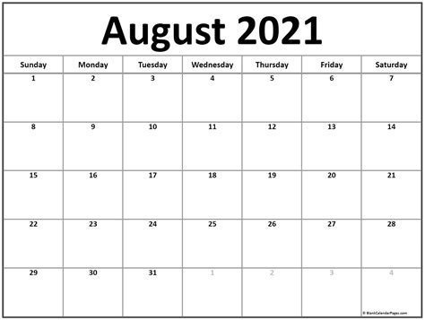 Free Blank August Calendar 2021 Monthly Calendar Printable Printable