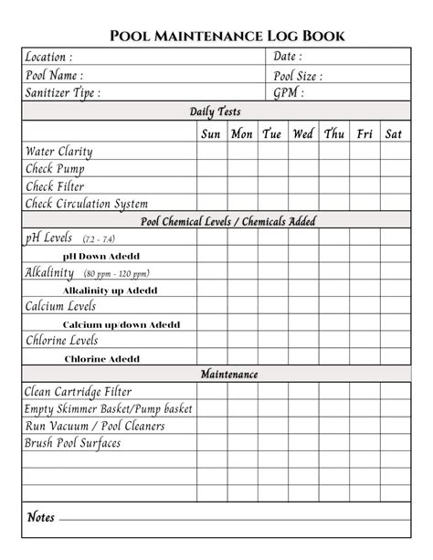 pool maintenance printable maintenance checklist record your daily pool maintenance etsy