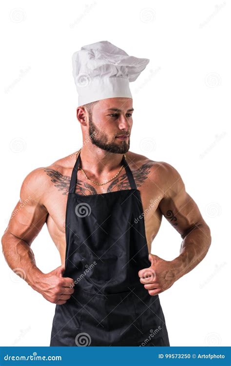 Shirtless Male Cooker With Apron Posing In A Kitchen Stock Images My