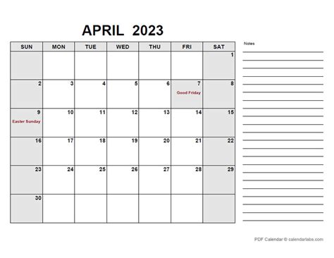 Printable April 2023 Calendar With Notes Pelajaran