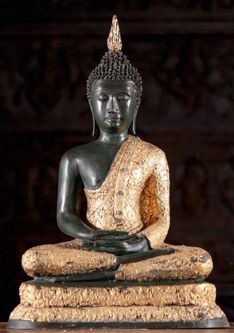 Sold Thai Brass Buddha Seated In Ardha Padmasana With Gold Brocade