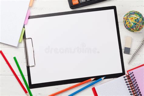 Office Workplace Table With Blank A4 Page Stock Photo Image Of Goals