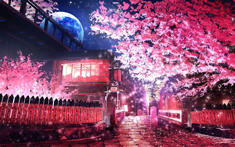 Download 1920x1200 Anime Landscape Sakura Blossom Night Petals