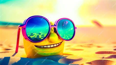 Premium Ai Image Yellow Spongebob Wearing Sunglasses On Top Of Sand Covered Beach Generative Ai