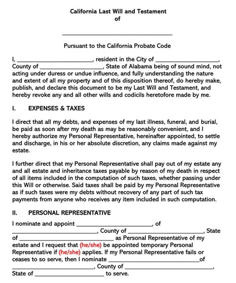 Printable California Last Will And Testament Free Template Printable Templates Free