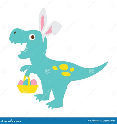 Cute Dinosaur with Bunny Ears Holding Easter Eggs Basket Stock Vector