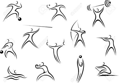 Set Of Sporting Sketch Line Drawing Icons Depicting Men In Action In A