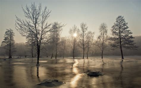 536100 Cold Dawn Dusk Fog Frost Frozen Ice Lake Landscape