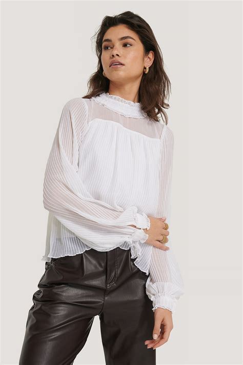 Pleated Frill Neck Blouse White Na
