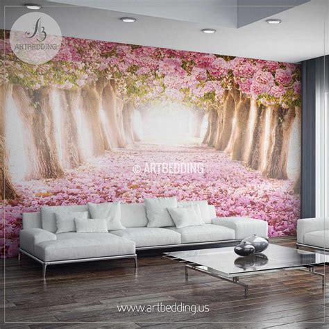 Romantic Pink Flowered Trees Self Adhesive Photo Mural Artbedding