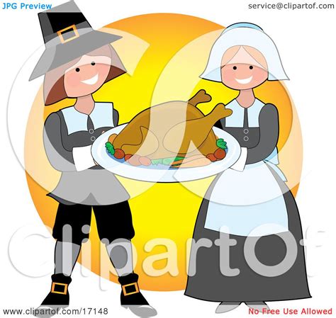 kind pilgrim couple carrying a cooked thanksgiving turkey on a tray clipart illustration by