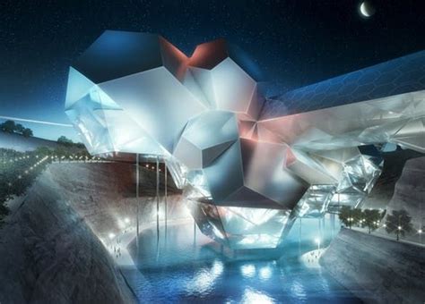 An Artistic Rendering Of A Futuristic Building At Night