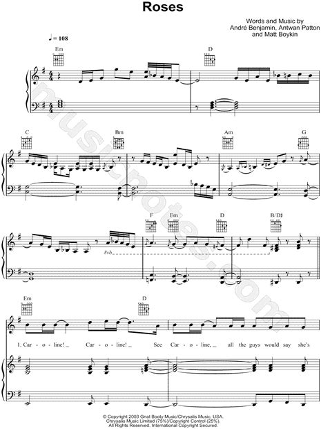 Outkast Roses Sheet Music In E Minor Transposable Download And Print Sku Mn0095908