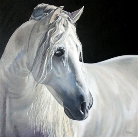 Original Oil Painting White Horse On Black Background Andalusian