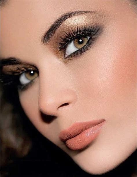 Picture Of Shimmering Gold Smokey Eyes And A Glossy Nude Lip