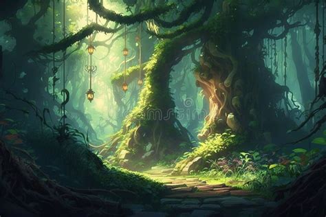 Fantasy Environment Of A Magical Forest In Anime Art Style Stock