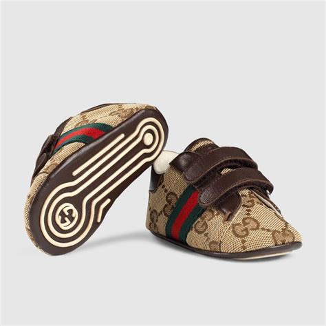 Gucci Baby Original Gg Canvas And Brown Leather Sneaker With Greenred