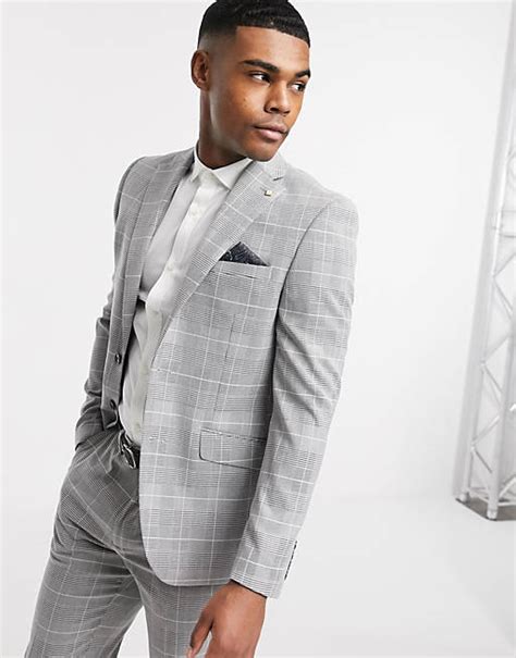 burton menswear slim suit jacket in grey and pink check asos