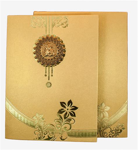 Hindu Wedding Card In Golden With Floral Design And Ganesha