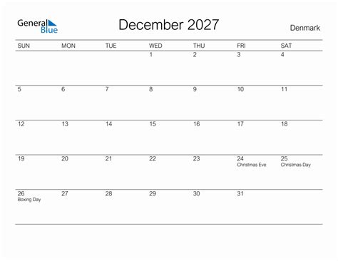 Printable December 2027 Monthly Calendar With Holidays For Denmark