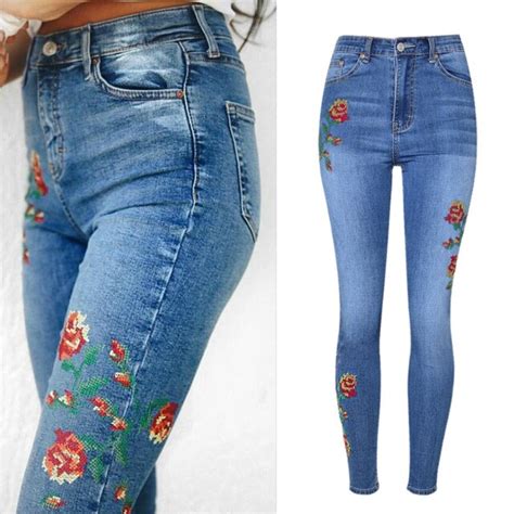 High Waist Slim Roses Embroidery Elasticity Skinny Jeans Women Fashion Top Quality Cotton Blue