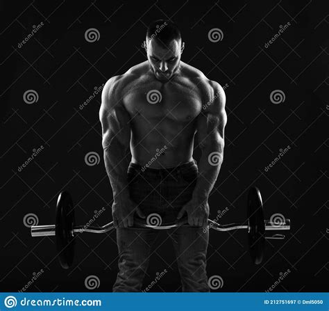 Muscular Strong Men Athlete Bodybuilder Weightlifter Does Exercises