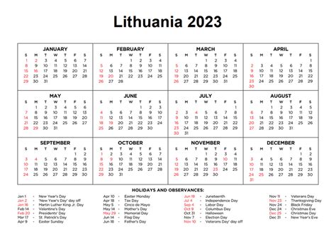 Free Printable Lithuania 2023 Calendar With Holidays Pdf