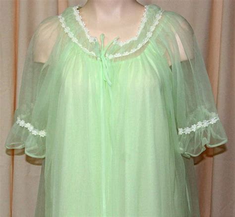 Vintage Chiffon Peignoir Set Mint Green Nightgown With Matching Sheer