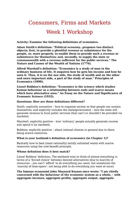 Week 1 Lecture Notes Provided By Lecturer Consumers Firms And Markets Week 1 Workshop