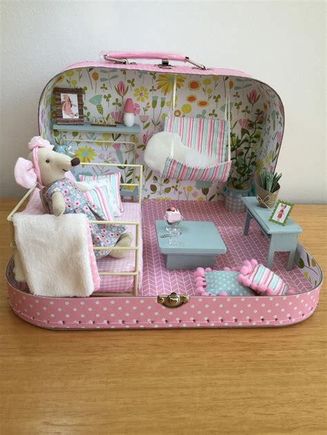 Travel Doll House In Suitcase Miniature Dollhouse Maileg Style Mouse