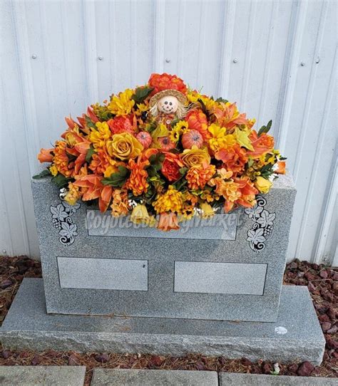 Shades Of Orange Golden Yellow Fall Cemetery Headstone Saddle Grave Headstone Flowers Fall Grave