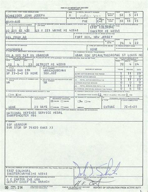 My Dd Form 214 Honorable Discharge From The Us Army