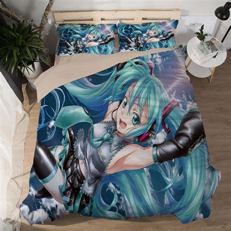 Japanese Anime Vivid 3d Hatsune Miku Bedding Set Bed Sheet Print Cartoon Duvet Cover Soft