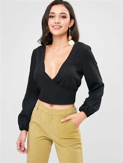 Chiffon Loose Long Sleeve Solid Tie Crop Tops Backless Low Cut Blouses 2018 Casual Summer Slim