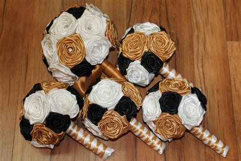 A wedding bouquet of purple and lavender fabric flowers and a neutral wrap will give a bright touch to your look. Gold, Black, & White Wedding Bouquet Set, Gold Wedding ...