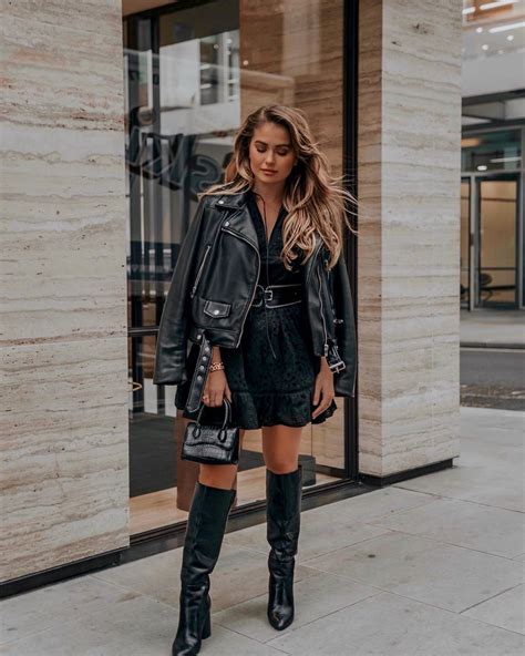 Leather Jacket Black Dress Knee High Boots Total Black Outfit