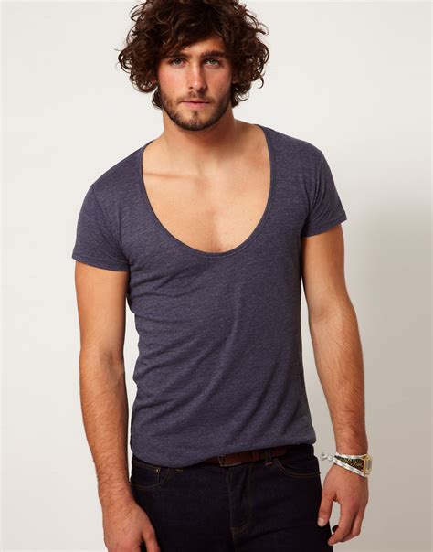 Lyst Asos T Shirt With Deep Scoop Neck In Blue For Men