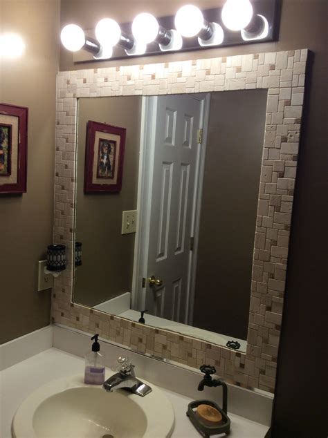 Boring Bathroom Mirror Updated With Self Adhesive Tiles I Love The Way