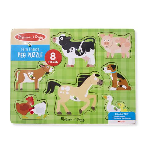 Melissa And Doug Wooden Farm Friends Animals Peg Puzzle 8 Pcs