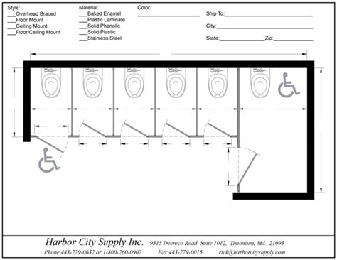 Center of toilet to wall/partition, total stall width. Alcove Right Hand - 6 Stall ADA - Harbor City Supply