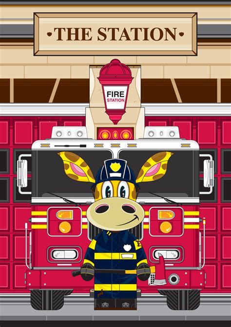 Cute Cartoon Giraffe Fireman And Fire Engine 21276036 Vector Art At Vecteezy
