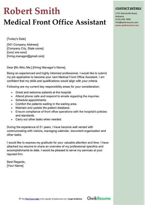Medical Front Office Assistant Cover Letter Examples Qwikresume