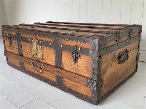 Antique Rustic Steamer Trunk Chest Coffee Table Storage Box Key Old Victorian Pine Banded