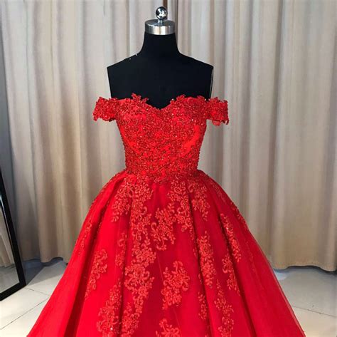 Ball Cown Prom Dresses Off The Shoulder Sweep Train Long Red Prom Dres