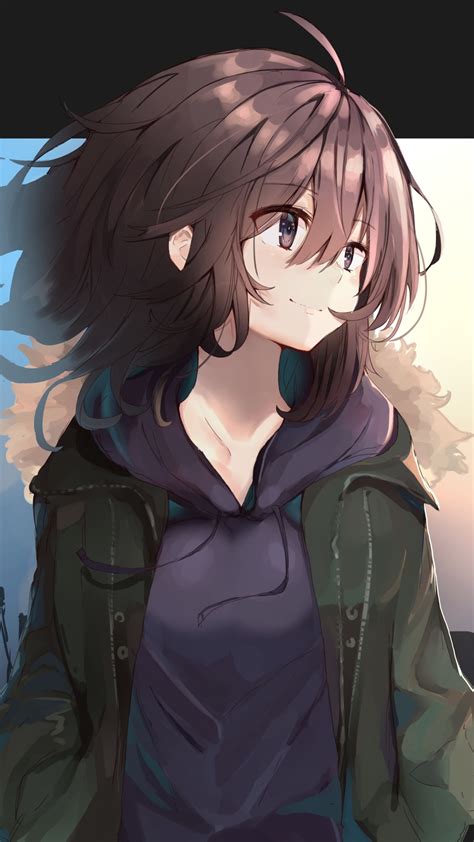 Wallpaper Smiling Brown Hair Anime Girl Looking Away Resolution