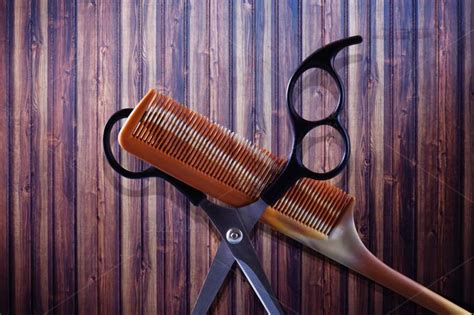 Comb And Scissors Scissors Comb Wooden Background